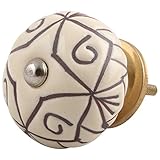 IndianShelfハンドメイドセラミックドアハンドルドレッサーノブ引き出しPullsクリームベースブラウンEtched Floralオンライン 2 Knobs of 1.5" CK-1474-3-