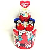 a19 おむつケーキ２段　男女共用　ミッキーマウスのスタイ＆ベビーソックス　ディズニー　オムツケーキ出産祝い