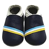 Mejale赤ちゃん少年靴ソフトSoledレザーモカシンストライプ乳児幼児pre-walker カラー: ブルー