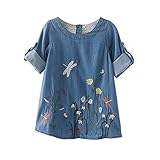 ミニかわいい人気なベビー服 幼児子供の赤ちゃんの幸運な太陽女の子の服花の刺繍デニムのプリンセスのドレス 半袖または長袖通園 発表会 お出かけ プレゼント (3, ライトブルー)