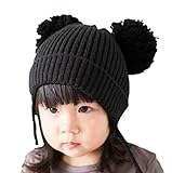 Plus Nao(プラスナオ) 子供用 ニット帽 ボンボン付き リブニット 顎ひも付き 耳付き ニットキャップ ベビー シンプル 無地 キッズ 赤ちゃん 男の子 女の子 冬帽子 - ブラック