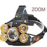 LED ヘッドライト 4モード ズーム可 16000LM 5LED 充電式 アウトドア 防水 高光量 軽量 (ゴールド)