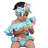 Domybest ベビー服 女の子　ロンパース　上下セット　トップス　パンツ　ヘアバンド　3点セット　赤ちゃん　新生児　夏　オフショルダー　花柄　フリル　お出かけ 出産祝い (60（0-3ヶ月）)