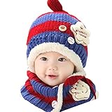 HBF ニット帽 マフラー セット ベビー キッズ 子供 赤ちゃん 用 防寒 かわいい ニット 帽子 キャップ ハット 誕生日 出産祝い チェリーピンク＋ブルー