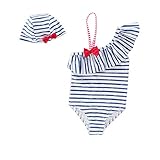 Ymgot 子供 水着 女の子 ストタイプ柄 オールインワン 女児 水着 キャップ付 2点セット (4T(身長90-100), ブルー)
