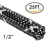 ペット高難燃性拡張可能な編組Sleeving 0.5 Inch (1/2") - 25 Feet ブラック BSFR-J-050-25-BK/WT