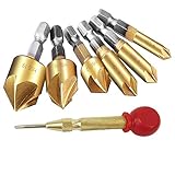 6mm-19mm面取りカッター バリ取り 六角軸 90°ハイス鋼 5枚刃により加工効率アップ 7本セット+センターポンチ 工具 木材 プラスチック 加工 DIY