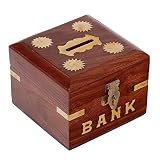 クラフトアートインドブラウンハンドメイド木製正方形Money Bank /貯金箱/コインボックスcai-hd-0198-d