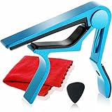 Phoenix ワンタッチ ギター カポ タスト 【 type R 】 お手入れ用 ファイバークロス 0.71㎜ ティアドロップ タイプ ピック 安心安全メーカー保証書 4点セット！フォーク エレキ クラシック アコースティック 青 ブルー ～ BLUE ～