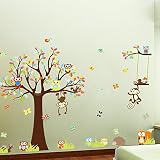 Witkey Forest Animals Owl Birds hanging Monkey Squirrel Colorful Tree Art Wall Stickers Decal for Nu