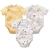 baby fruit 夏 ベビー服 半袖ロンパース 女の子 男の子 赤ちゃん Uネック プリント コットン 可愛い 三角 3枚セット イエロー 73cm
