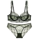 [Guoeappa] 魅力シースルーランジェリー レース ブラジャー ショーツセット セクシー パッド無し素肌に透け感 薄い 女性下着 レディース 上下セット(ダークグリーン,75E)