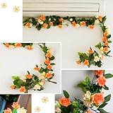 ノーブランド品　造花 二本　長さ ： 259cm （8.5ft）飾り　蔓　葉　バラ　アイビー　籐　観葉植物　人工観葉植物　インテリア　ローズ　雑貨　アーチ　装飾　飾りつけ　オレンジ色　Generic 