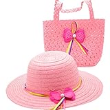 YUEGUANG 子供用麦わら帽子 ハット キャップ UVカットハット 女の子夏日焼け止め帽子 子供ハンドバッグ 可愛い リボン 夏 セット ガールズキャップ ガールズハンドバッグ ビーチ 旅行 外出