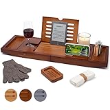 Temple Spring Bath Caddy with candle, wine glass, book, tablet, ipad & phone holder. Extendable/adjustable bridge, Natural wood over bathtub tray.100% bamboo (Brown)