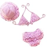 水着　1-10歳女の子用3点セット　上着と下着とスイムキャップ　レース　蝶結び　6色5サイズあり (M, 紫)