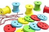 Chunky Wooden Spools and Buttons Lacing Activity - Large Wood Beads for Toddlers and Preschoolers - 