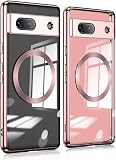 【液晶ガラスフィルム+レンズフィルム付き】ケース・Google Pixel 7a 対応 クリア ピクセル7a 対応 カバー google pixel 7a 用 サイドカラー 背面クリア カバー 背面クリア MagSafe対応 マグセーフ シンプル 7A メッキカラー 透明 TPUケース (ピンクゴールド, Pixel 7a)