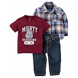 カーターズ carter's 男の子用青x紺xレンガマドラスチェック襟付きシャツxMIGHTY HANDSOMEブルドッグTシャツ上下3点セット (24months(83-88cm)) [並行輸入品]