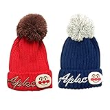 TAKIの部屋 2pcs　アンパンマン帽子　子供　ニット帽子　 ポンポン付き　防寒保温 秋冬　無地　可愛い ベビー ＆ キッズ size 48-54cm (れっど+ブルー)