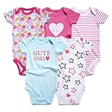 Romperinbox （ ロンパースインパック） ベビー ロンパース 女の子 　綿100%　半袖ボディースーツ5枚セット (9-12ヶ月, 桜色/青色)