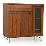 食器棚 キッチン収納 木製 天然木 タモ材 スチール 引き出し キャビネット Atype 幅89cm 高さ90cm ブラウン