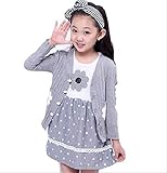 キッズ 春秋 ドレス ツーピース カジュアル おしゃれ 女の子 長袖 カーディガン (110cm, グレー)