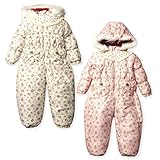 (クリーム/95cm)ベビー服 女の子 アウター ジャンプスーツ 中綿 シャーリング 裏フリース ボア切替 撥水加工 小花柄 ドット切替 リボン ファー付フード 女児 ベビー