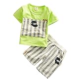 【SEBLES】ベビー 赤ちゃん 男の子 女の子 ユニセックス 半袖 ラウンドネック 無地 野球 Tシャツ ボーダー パンツ ボトムス ツーピース セット コットン 綿(グリーン,90cm)