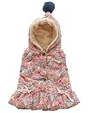 Plus Nao(プラスナオ) 子供用フード付きベスト 裏ボア ボンボン付き 前ボタン リボン チェック柄 花柄 ふわふわ あったか カジュアル 可愛 120 ピンク