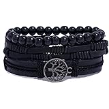 LORJE Mix 3 Wrap Men Bracelets, Hemp Cords Wood Beads Ethnic Tribal Bracelets Cuff Bracelets, Leather Wristbands Cool Bracele