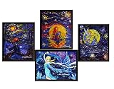 uhomate 4個van gogh starry nightプリンセスセット:アリエル、メリダ、ティンカー・ベル、エルサキャンバス印刷ウォールアート記念ギフトベビーギフト壁装飾リビングルームベッドル