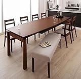最大240cmまで伸ばせる伸縮ダイニング8点セット 天然木 【テーブル(幅140～240)1＋チェア6＋ベンチ1】 (チェア：ブラウン6脚、ベンチ：ブラウン1台)