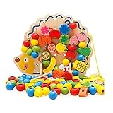 HLJgift Wooden Fruits and Vegetables Lacing & Stringing Beads Toys with Hedgehog Board for Above 3 Y