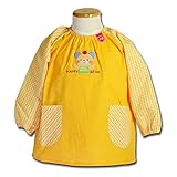 子供用 幼児用 キッズ用 スモック 無地 袖はギンガムチェック 幼稚園 保育園 男の子 女の子 (100, クマ・イエロー)