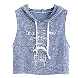 レディースフード付きトップス、FunicセクシーなコーヒープリントノースリーブTシャツトップス L ブルー