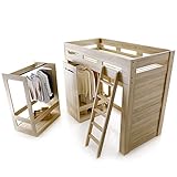 ロフトベッド ワードローブ2つ付き 大容量 ハンガーラック 隠しキャスター ハシゴ位置自由 すのこ 木製 シングル ナチュラル