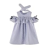 人気なベビー服　女の子　赤ちゃん服幸運な太陽2PCS幼児子供の女の子ちょう結びのストライプの服の服ストラップレスストライプのドレス+ヘッドバンドセット (9, 青)