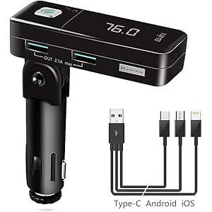 Ewin® 最新モデル FMトランスミッター Bluetooth4.2 ワイヤレス式 高音質 急速充電 ノイズ軽減機能 android iphone兼用充電ケーブル付き 12～24V車対応 特許取得工場&ISO9001取得工場製造品【日本語説明書&メーカー1年保証】技適認証済