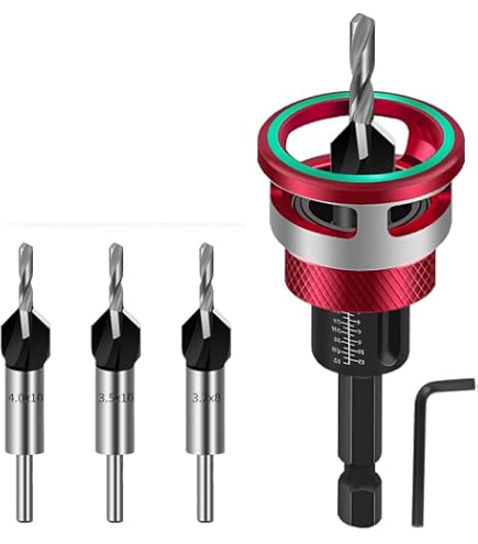 Yakamoz 4-Piece Carbide Tipped Countersink Drill Bit Set – Adjustable Depth Stop, 1/4" Hex Shank, For Wood & Plastic