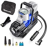 AstroAI 車用空気入れ エアコンプレッサー 自動停止 静音 電動ポンプ 小型 過熱保護 DC12V ガーソケット接続式 LEDライト 五種類変換ノズル 仏式/米式対応 タイヤ 車 自動車 自転車 ロードバイク ボール 浮輪適用 日本語説明書 三年保証付き (ブルー)