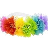 子ども 虹 ヘアバンド キッズ ネット糸 弾性 ヘアフープ 女の子 赤ちゃん カラフル シフォン 花飾り かわいい 花 髪飾り (レインボー)