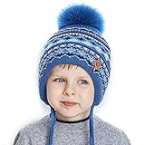 URSFUR ふわふわ　ニット帽　男の子　帽子秋冬　ブルー＆狐フアーポンポン