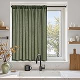 Topfinel カフェカーテン レース リネン風 小窓 カーテン レース 45cm丈 オリーブグリーン 1枚 透けない 外から見えにくい 目隠し 半遮光 断熱 UVカット 通気 洗える キッチン リビング トイレ 玄関