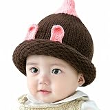 ニット帽 ベビー 赤ちゃん用帽子 うさ耳 暖かい ビートル ボンボン付き 可愛い 秋冬 防寒 (ブラウン)