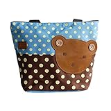 [クマ-スカイブルー] Blanchoアップリケ キッズ ファブリック アート ミニ ショッパーバッグ/トートバッグ-Ｍサイズ（26.92cm*33.78cm*12.95cm）