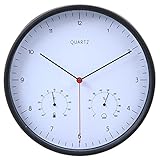 不二貿易 掛け時計 直径25.5cm ブラック 温湿度計 スイープ 連続秒針 静音 ローレス 99042