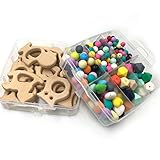 Kissteether DIY看護ジュエリー2ボックスコンビネーションパッケージオーガニック手作りナチュラルブナ木製動物ミックスカラーハート型シリコーンジオメトリヘキサゴンシリコンビーズベビーテイザー