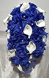 Regalロイヤルブルーローズカラーリリー柄ブライダルブーケ&ブートニア Cascading Bouquet