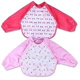 しあわせ倉庫 お食事エプロン スタイ ベビー 赤ちゃん よだれかけ 長袖 エプロン セット (赤 ピンク)